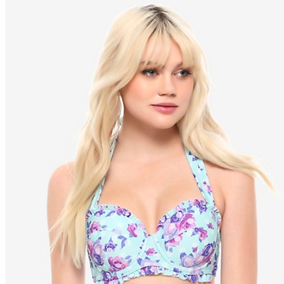 BLUE FLORAL POLKA DOT RUFFLE SWIM TOP Hot Topic - Picture 2 of 5